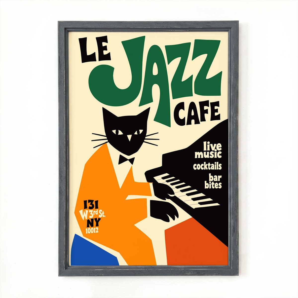 Le Jazz Café Cat Piano Vintage Poster: a black cat in an orange suit playing piano under green "Le Jazz Cafe" lettering