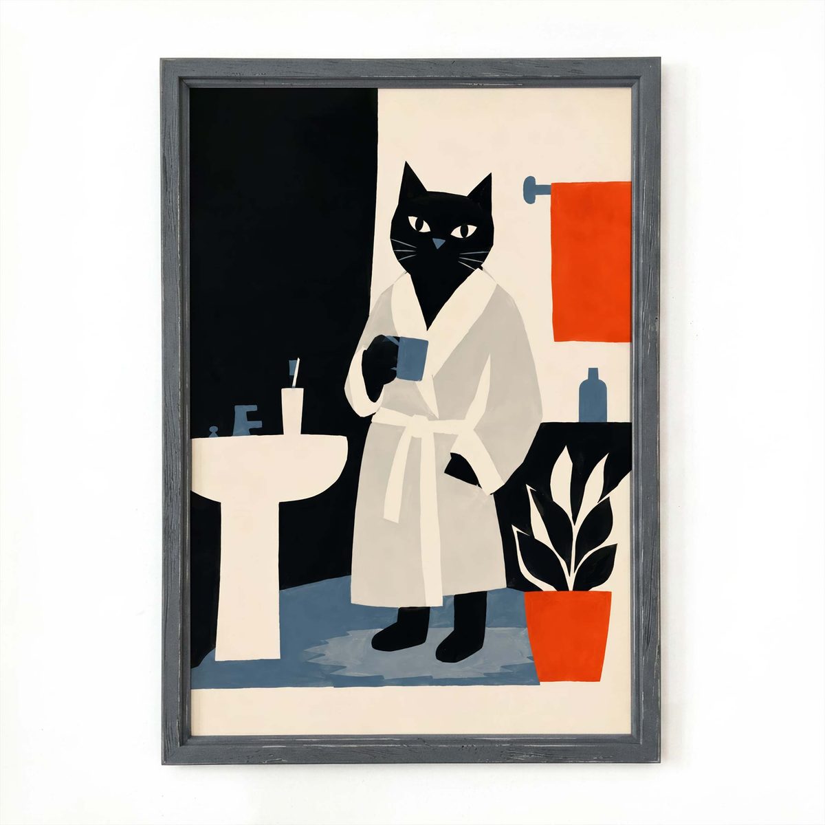 Minimalist Black Cat Morning Routine Print: a black cat in a white bathrobe holding a cup in a bathroom with a red towel and a plant