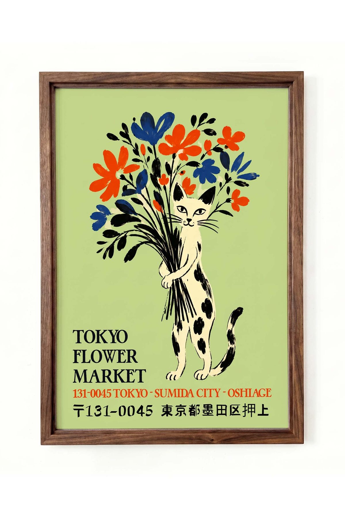 Tokyo Flower Market Cat Poster: a spotted cat holding a large bouquet of blue and orange flowers on a sage green background